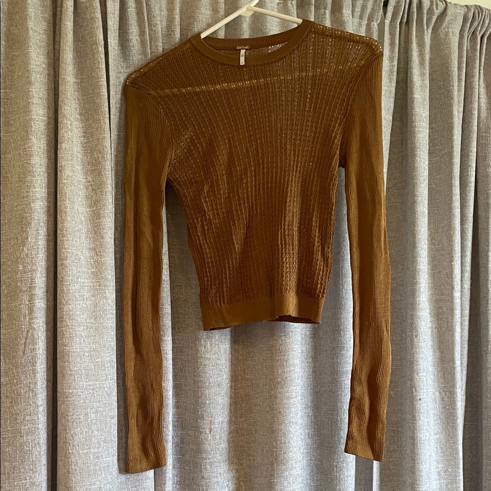 Free People Brown Ribbed Long-Sleeve Knit Top